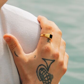 Gold Plated Square Signet Onyx Ring Polished Steel Ring, 4 of 12