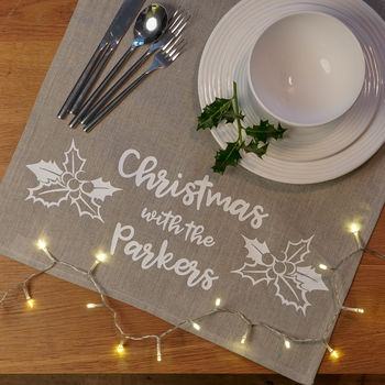 Personalised Linen Christmas Holly Table Runner, 2 of 3