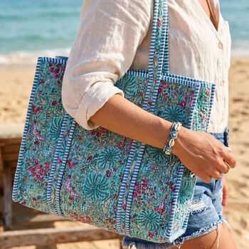 Quilted Cotton Turquoise Floral Beach Bag, 2 of 6