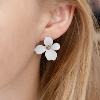 White Hand Painted Flower Shaped Stud Earrings, 2 of 3