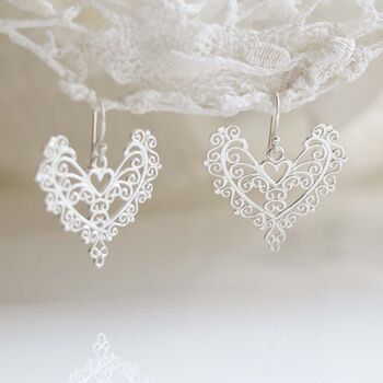 Sterling Silver Dangly Lace Heart Earrings, 2 of 10