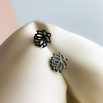 Black Colour Sterling Silver Lotus Stud Earrings, 2 of 3