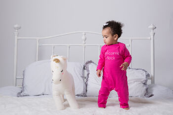 Baby Sleepuit, Unicorns Rock, Pink Babygrow, Baby Gift, 6 of 6