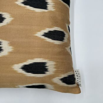 Square Ikat Silk Cushion Camel And Black Spot, 3 of 9