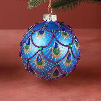 G Decor Hand Painted Glass Christmas Bauble Hanging Decoration Peacock Tail Design In Emerald Green Or Royal Blue, 3 of 3