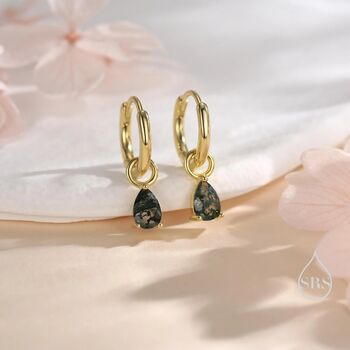 Sterling Silver Moss Agate Droplet Huggie Hoop Earrings, 4 of 11