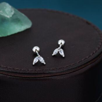 Sterling Silver Cz Marquise Leaf Screwback Earrings, 4 of 11