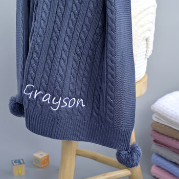 Personalised Dusty Blue Knitted Baby Blanket, 8 of 9