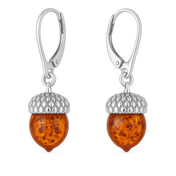 Large Sterling Silver Baltic Amber Acorn Drop Earrings, 2 of 3