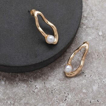 Gold Colour Irregular Hoop And Pearl Earrings, 2 of 3