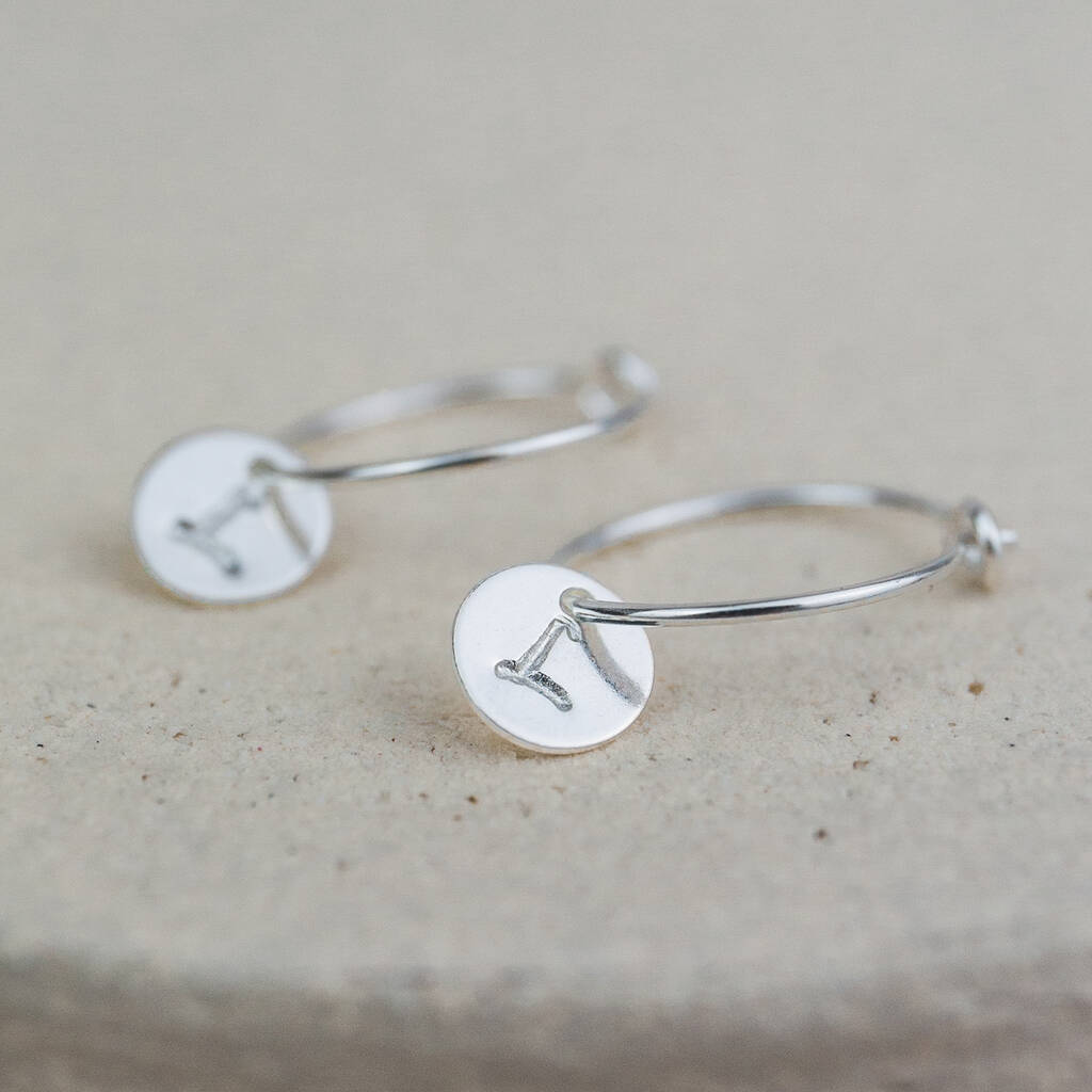 Sterling Silver Stamped Initial Charm Hoops, 1 of 3
