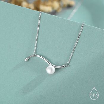 Sterling Silver Natural Freshwater Pearl Wave Pendant Necklace, 4 of 11