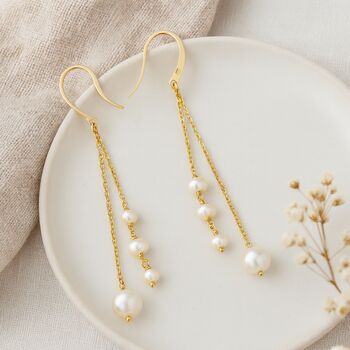 Gold Plated Sterling Silver Freshwater Pearl Long Drop Earrings, 2 of 4