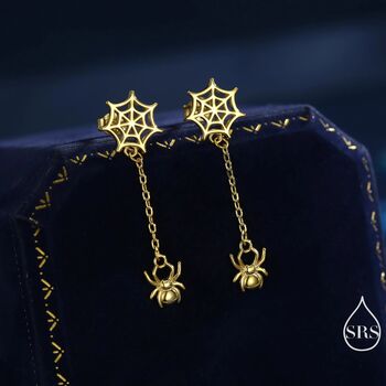 Sterling Silver Dangling Spider And Spider Web Stud Earrings, 7 of 12