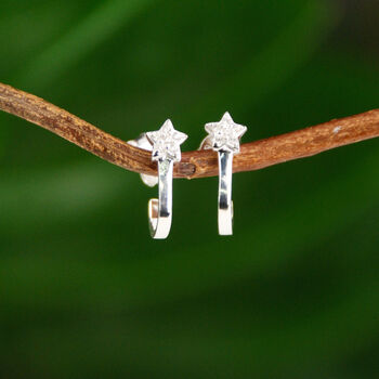 Tiny Sterling Silver Crystal Star Hoop Huggie Earrings, 2 of 5