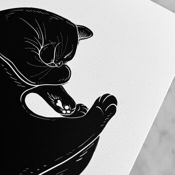 Cat Nap Black And White Linocut Art Print, 6 of 7