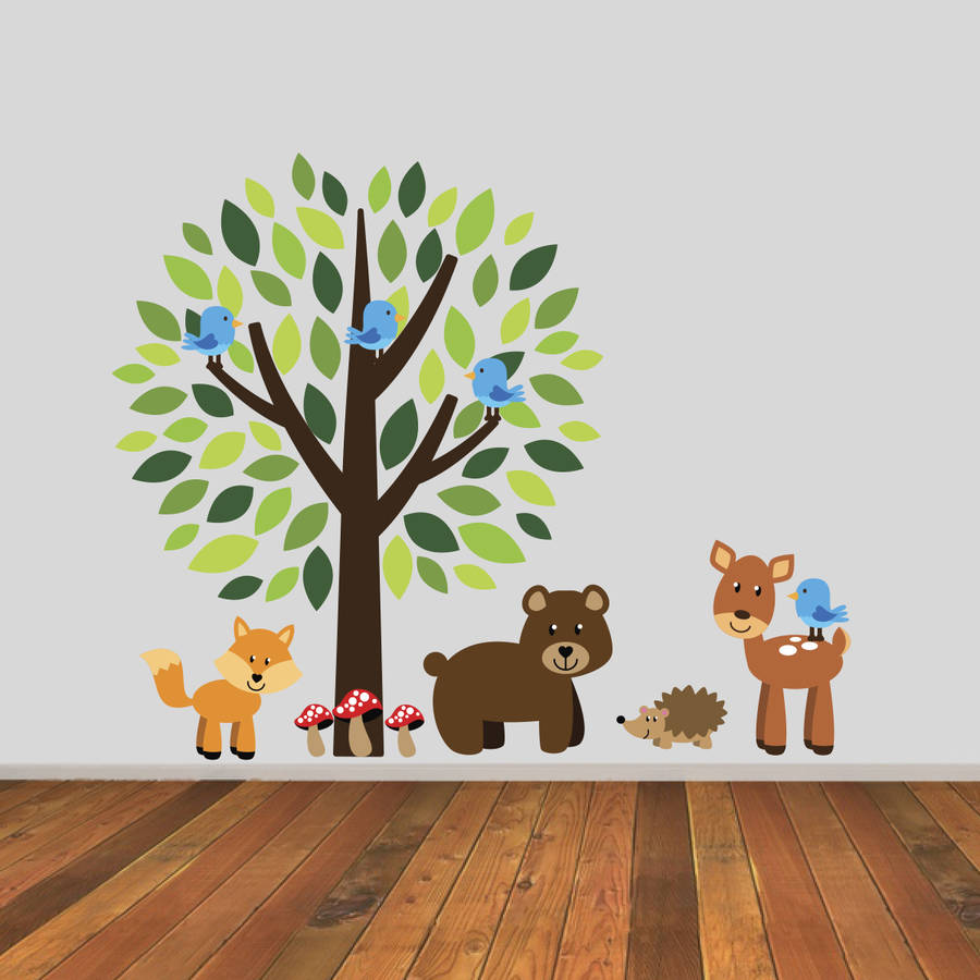 tree with wonderful woodland animals wall sticker by mirrorin