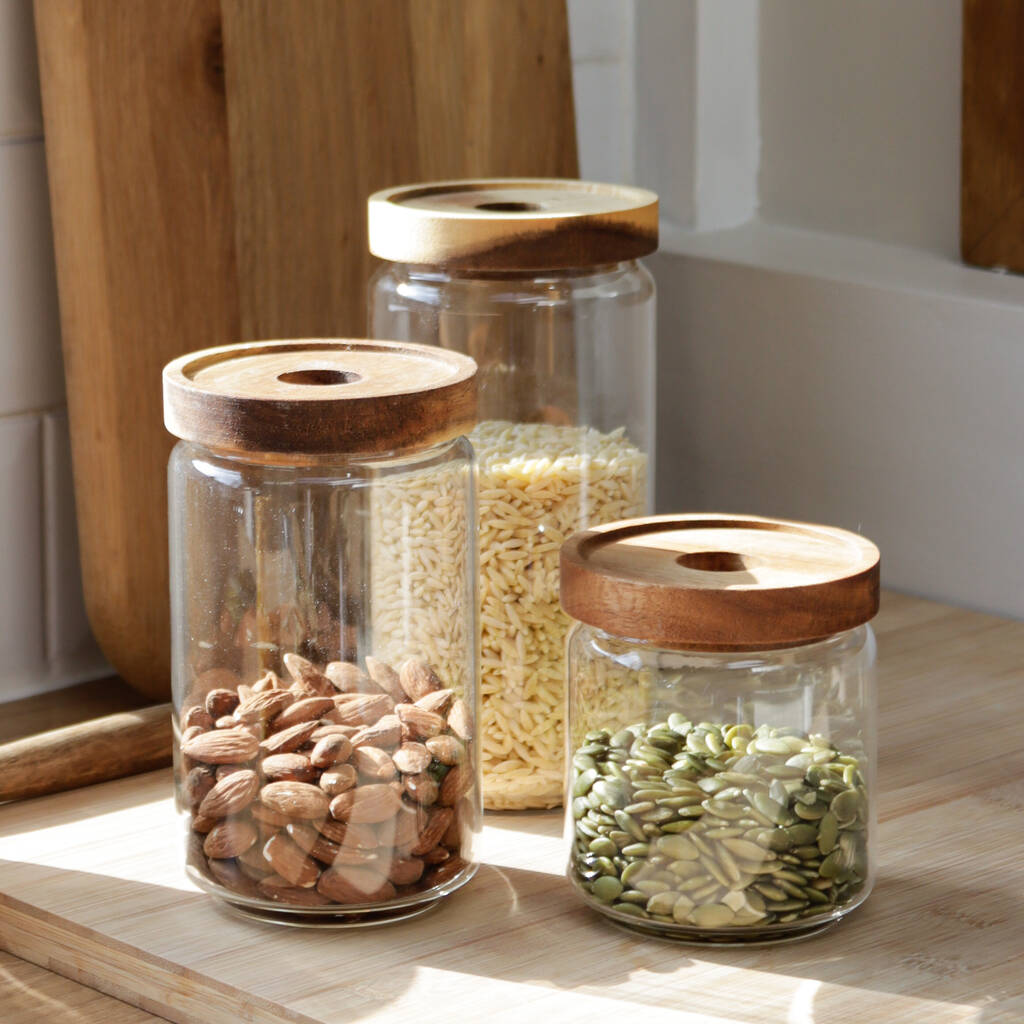 Acacia Wood Lidded Glass Storage Jar, 1 of 6