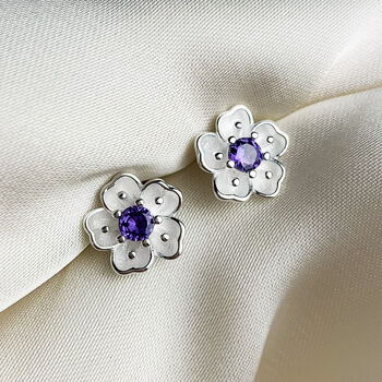 Sterling Silver White, Pink Or Purple Flower Stud Earrings, 3 of 4