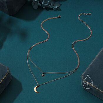 Double Layer Crescent Moon And Star Pendant Necklace, 3 of 12