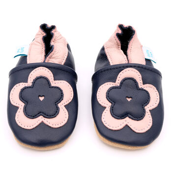 Dotty Fish Pink And Navy Flower Soft Leather Baby Shoes With Barefoot Soles, 6 of 8