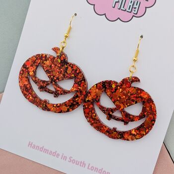 Orange Pumpkin Glitter Halloween Resin Earrings, 2 of 4
