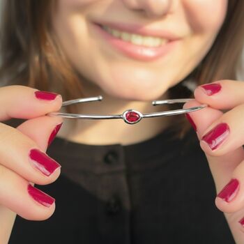 Minimalist Garnet January Birthstone Silver Bangle, 2 of 5