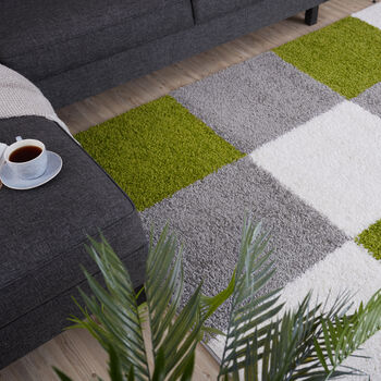 The Rugs Geometric Shaggy Rug Green Checkered Rug, 6 of 12