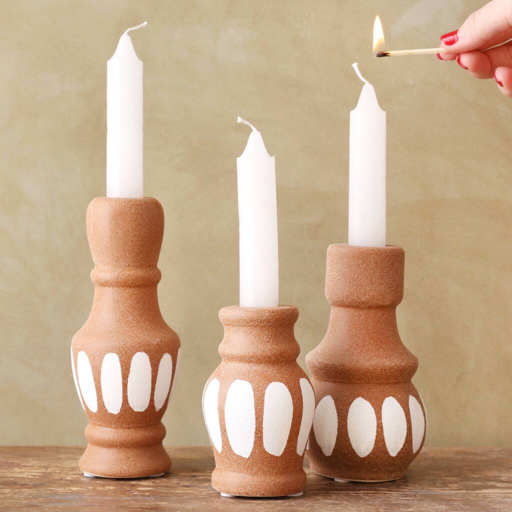 Set Of Three Terracotta Candlestick Holders, 1 of 4