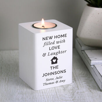 Personalised New Home White Wooden Tea Light Holder, 3 of 4