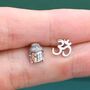 Mismatched Buddha Head And Om Stud Earrings In Sterling Silver, thumbnail 3 of 12