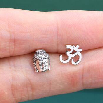 Mismatched Buddha Head And Om Stud Earrings In Sterling Silver, 3 of 12