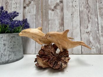 Hand Carved Wooden Dolphin Pair Sculpture Ornament, 6 of 12
