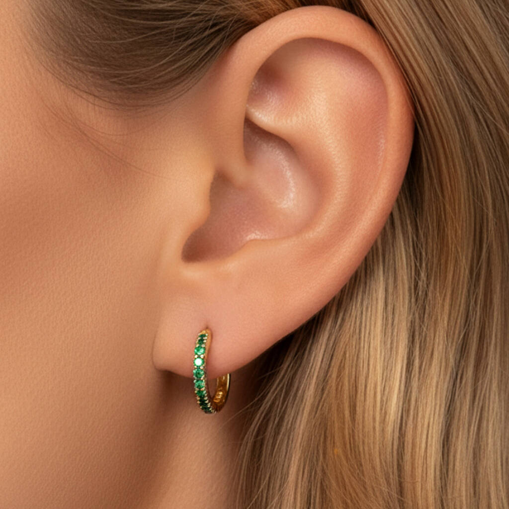 Women's Small Hoop Earrings With Emerald Green Stones In 18k Gold, 1 of 3