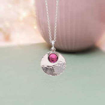 Hammered Disc And Birthstone Necklace Sterling Silver, 2 of 6