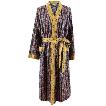 Block Printed Navy Blue, Mustard And Pink Lily Cotton Dressing Gown, 8 of 8