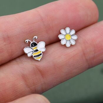 Mismatched Enamel Bee And Flower Stud Earrings, 3 of 8