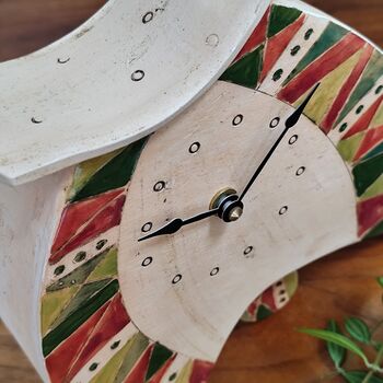 Large Mantel Clock In Green And Burgundy Triangle Pattern, 5 of 8