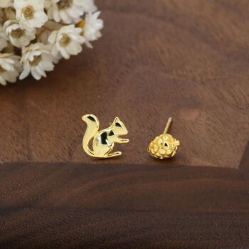 Mismatched Pine Cone And Squirrel Stud Earrings In Sterling Silver, 4 of 12