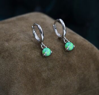 Sterling Silver Green Opal Dot Huggie Hoop Earrings, 2 of 11