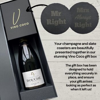 Vino Coco Champagne Gift Set With Mr And Mrs Slate Coasters Perfect For Anniversaries And Wedding Presents, 8 of 8