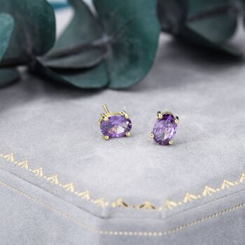 Sterling Silver Amethyst Purple Oval Cz Stud Earrings, 2 of 12