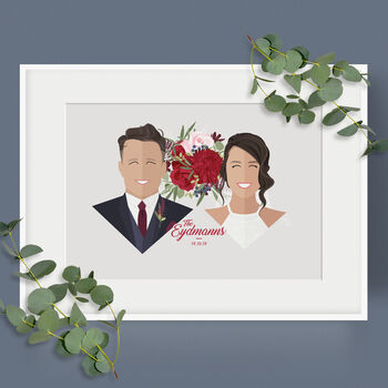 Personalised Wedding Couple And Bouquet Portrait Print, 5 of 5