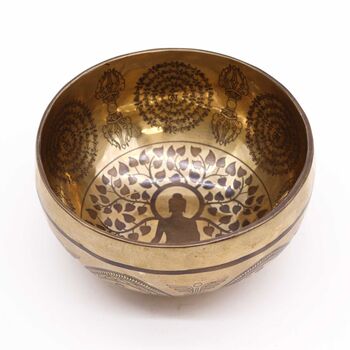 Tibetan Healing Engraved Bowl 16cm Bodhi Tree Buddha, 2 of 3