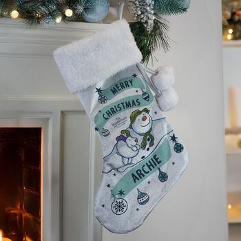 Personalised The Snowman And The Snowdog Luxury Silver Grey Christmas Stocking, 3 of 4