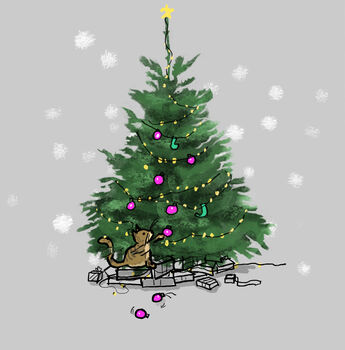 Cute Cat Playing With Christmas Tree Hand Drawn Card, 2 of 5