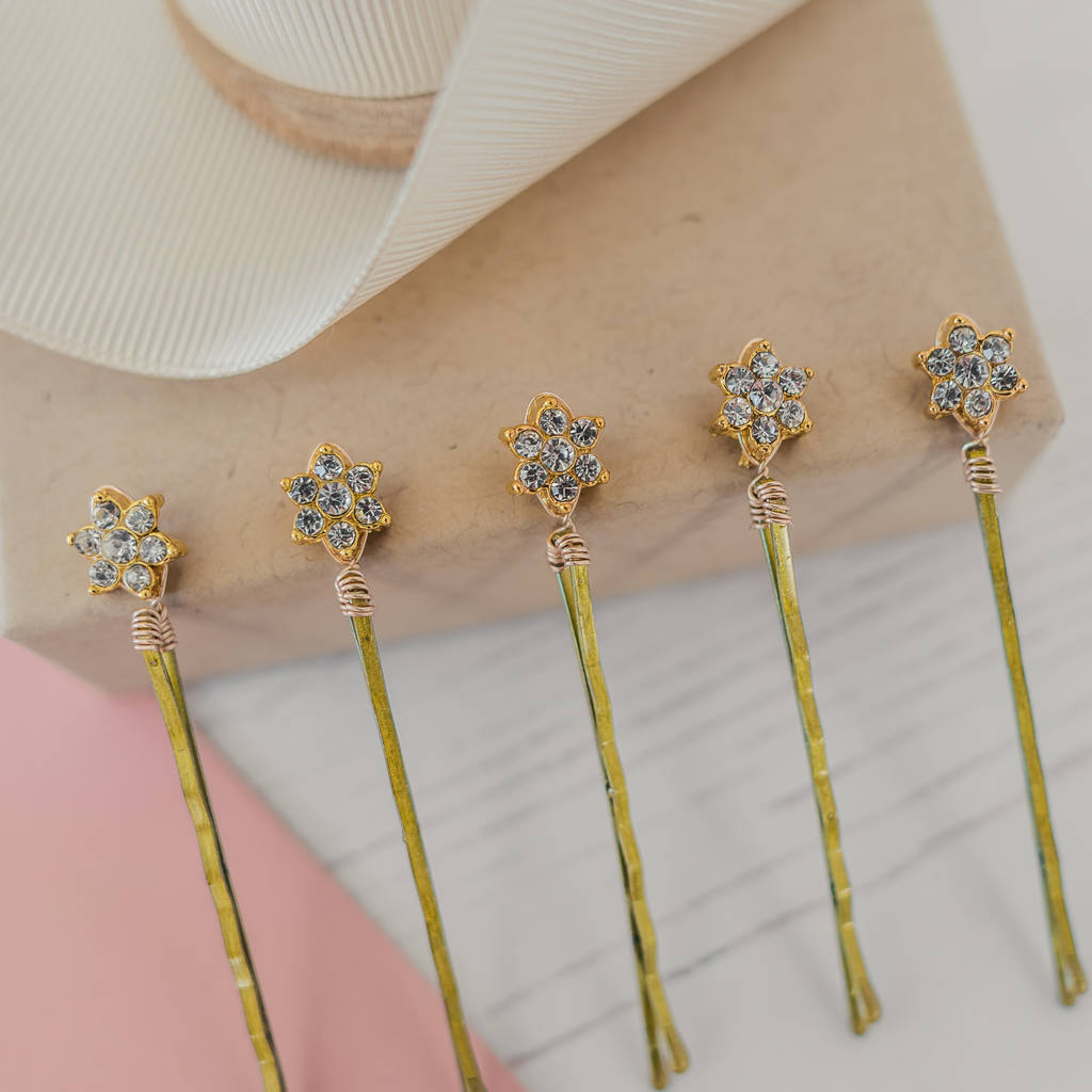 Set Of Five Gold Diamante Flower Hair Pins By Melissa Designs