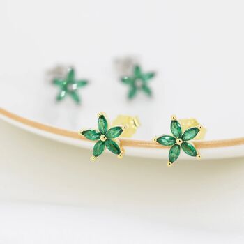Sterling Silver Emerald Green Cz Flower Stud Earrings, 4 of 12