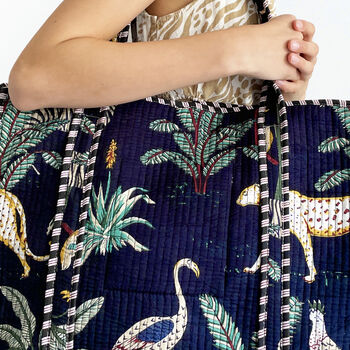 Jungle Print Large Quilted Cotton Tote Bag In Navy Blue, 5 of 5
