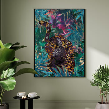 Black And Gold Jaguar In Tropical Rainforest Summer Jungle Print, 2 of 6